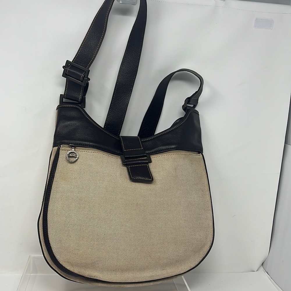 Longchamp Beige Canvas and Black Leather Crossbody Bag